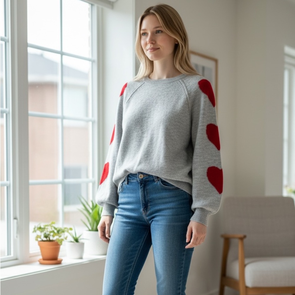 CeCe Gray Sweater with Red Heart Accents